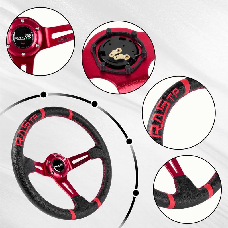 RASTP Universal Racing Steering Wheel,Deep Dish Steering Wheel Leather Embroidery 13.58â€/345mm 6 Bolts with Horn Button Include Cable, Wrench,Red - Image 3